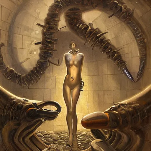 Prompt: detailed face of a woman with obsidian eyes in a biomorphic courtyard with dna sculptures at a science expo, atmospheric, ambient, pj crook, syd mead, livia prima, artgerm, greg rutkowski, nick alm, casey baugh