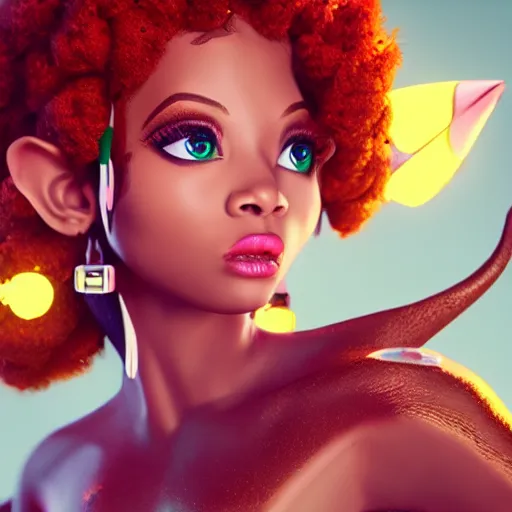 Image similar to beautiful afroame elf, clash royal style characters, unreal engine 5, octane render, detailed, cinematografic, cinema 4 d