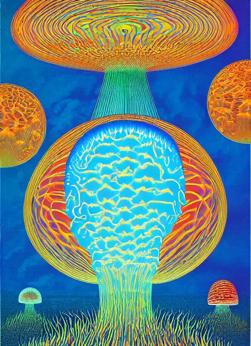 Image similar to 8 0 s new age album cover depicting a nuclear mushroom cloud in the shape of guy fieri, very peaceful mood, oil on canvas by ernst haeckel, by wayne thiebaud, cinestill with red halation