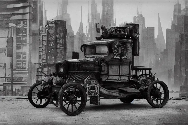 Prompt: cyberpunk 1 9 0 8 model ford t by paul lehr, metropolis, parked by view over city, vintage film photo, robotic, silent movie, black and white photo