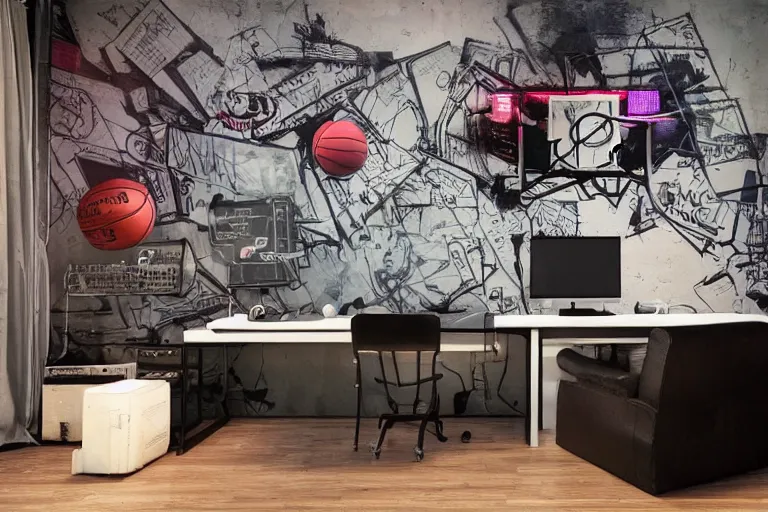 Prompt: teenager bedroom in industrial style, street art basketball decorated wall, futuristic ambiance, gamer screen on metallic desk, cyber, intricate, very detailed, soft lighting, 8 k hd