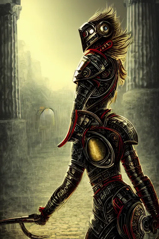 Prompt: portrait knights of Zodiac girl, metallic black and reddish color reflected armor, in heavily rainning ruin Agora of Athens, ssci-fi, fantasy, intricate, rim lights, reflected lights, natural atmosphere, great high details, highly reaslitic, cinematic lighting,, elegant, golden light, highly detailed, digital painting, concept art, smooth, sharp focus, illustration, art by artgerm and greg rutkowski and alphonse mucha and loish and WLOP