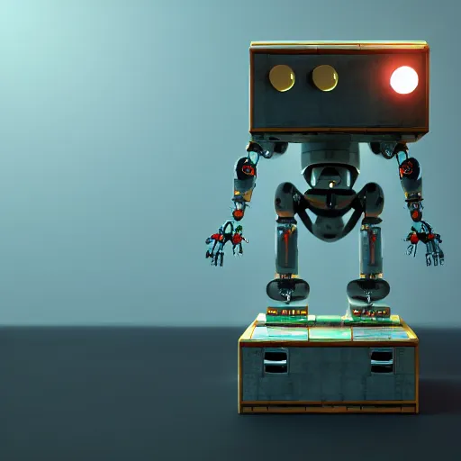 Image similar to a robot in the shape of a box, has 4 legs that end in wheels, k octante detailed render, cinematic lighting, post - processing