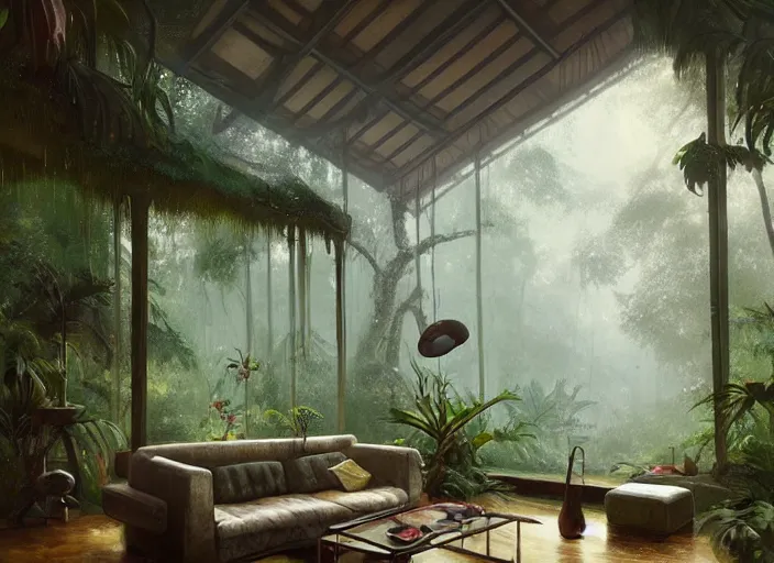 Image similar to a beautiful painting of the interior of a geodesic house in a moist tropical rainforest, living room, by greg rutkowski, realism, artstation, nature