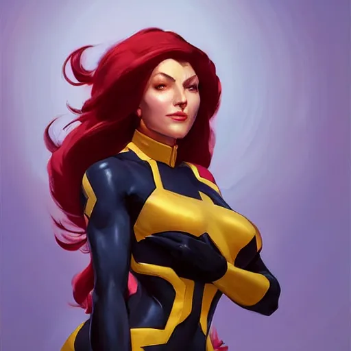 Prompt: Greg Manchess portrait painting of Jean Grey as Overwatch character, medium shot, asymmetrical, profile picture, Organic Painting, sunny day, Matte Painting, bold shapes, hard edges, street art, trending on artstation, by Huang Guangjian and Gil Elvgren and Sachin Teng