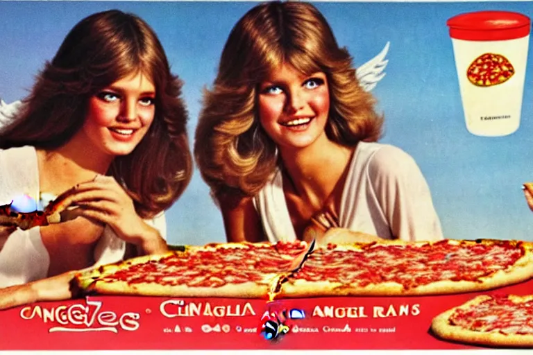 Image similar to 70s, angels, pizza, advertisement