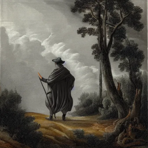 Image similar to a man in a grey cloak and brimmed hat with a staff travelling trough the forest and mountains looking at the clouds in the style of neo-romanticism