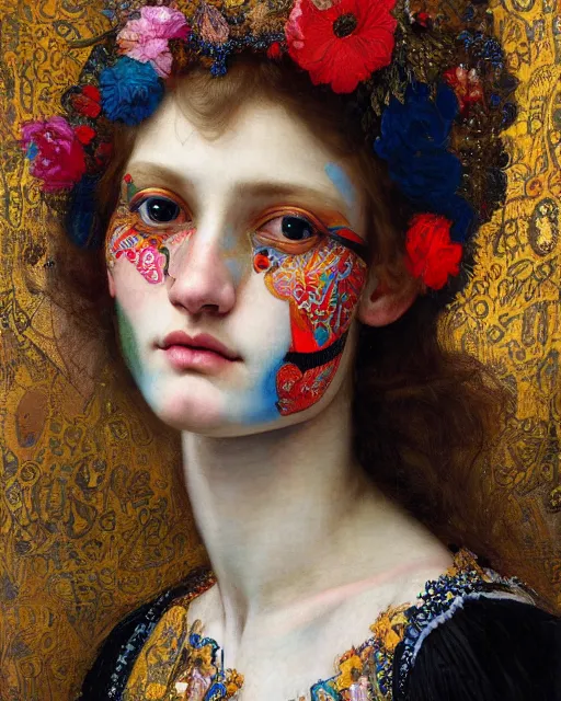 Image similar to a beautiful girl wearing colourful face paint surrounded by bright intricate patterns, by edgar maxence and caravaggio and michael whelan, intricate painting, hyper realistic, extremely detailed and beautiful aesthetic face, 8 k resolution