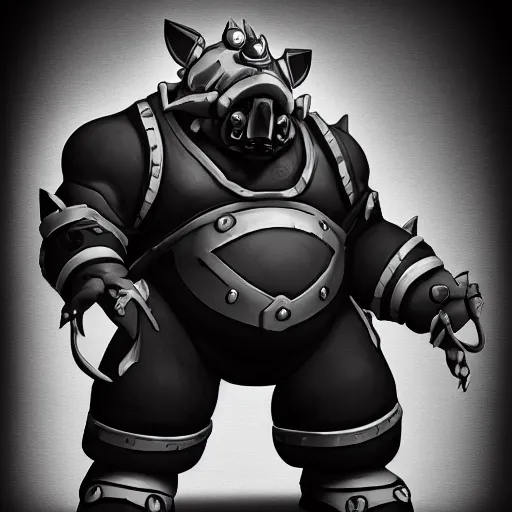 Image similar to full body shot of roadhog from overwatch as a real, imposing person. photograph, black and white