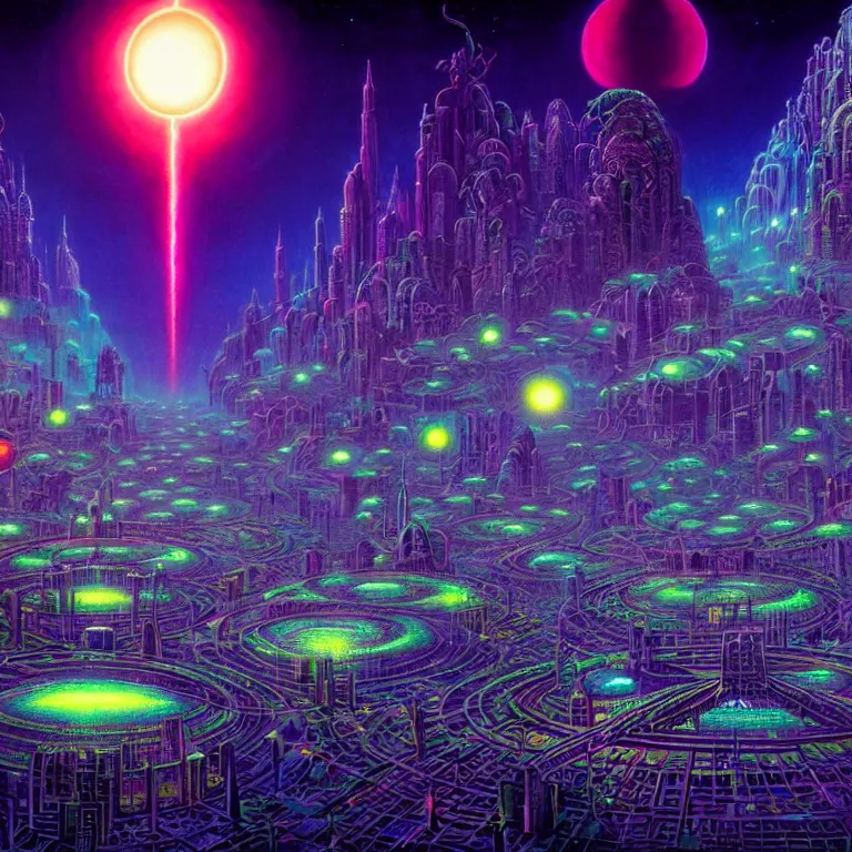 Image similar to mysterious astral city at night, glowing orbs, infinite sky, synthwave, bright neon colors, highly detailed, cinematic, tim white, philippe druillet, roger dean, ernst haeckel, lisa frank, michael whelan, kubrick, kimura, isono