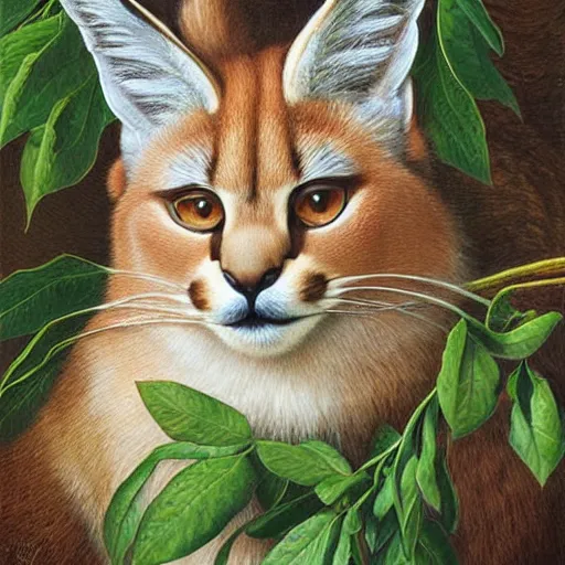 Image similar to cute fluffy caracal wearing laurel wreath, illustration, high detail, francine van hove