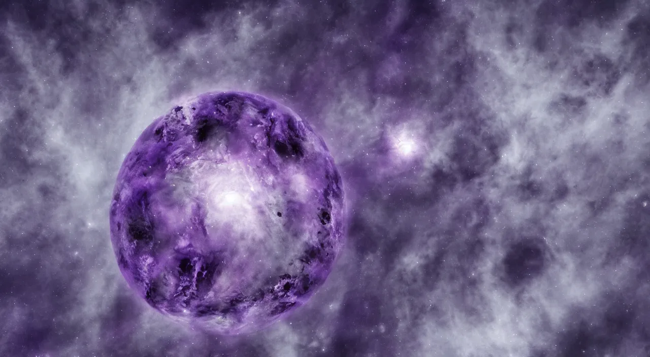 Image similar to a beautiful deep purple planet floating in the vast emptiness of space