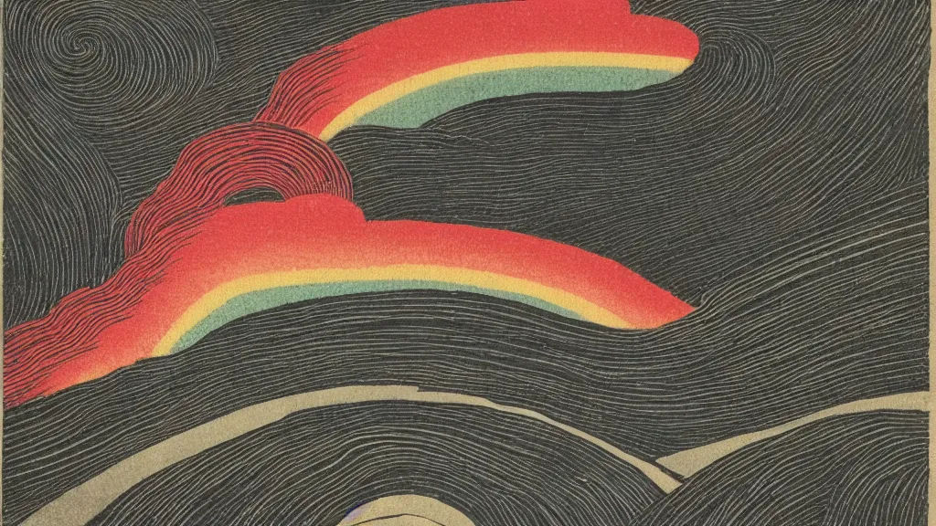 Prompt: japanese woodblock print of twisting rainbow in black sky. trending on artstation.