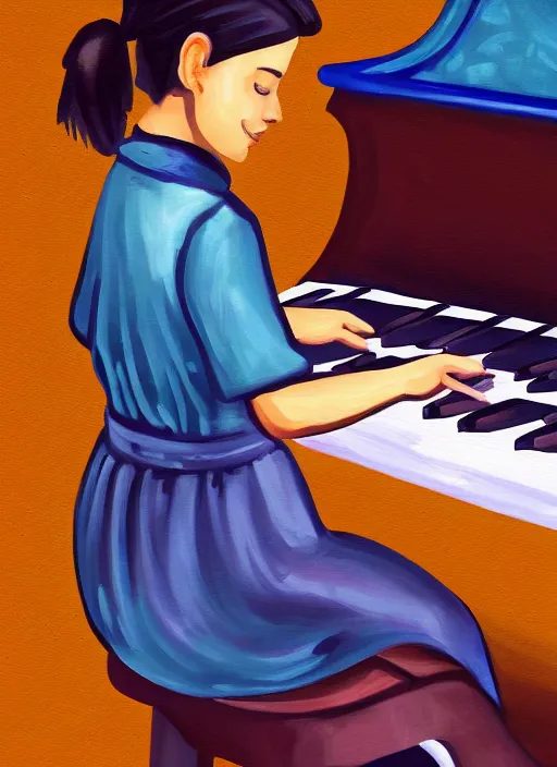 Image similar to kave painting of gril playing piano, 4 k, high quality, sharp fucos