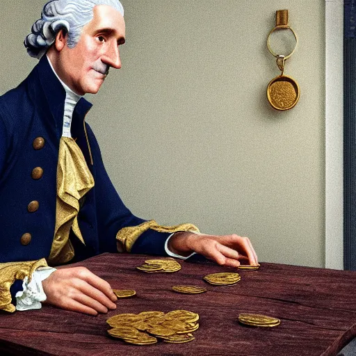 Image similar to a closeup photorealistic photograph of a happy George Washington inspecting small gold Doubloon coins at his home on Cherry Street. This 4K HD image is Trending on Artstation, featured on Behance, well-rendered, extra crisp, features intricate detail and the style of Unreal Engine.