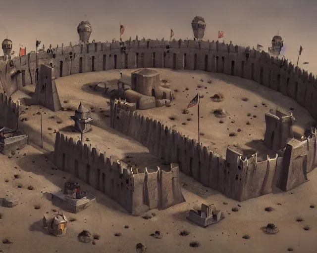 Image similar to the stongest fortress in the world stands in the middle of desert town, a lot of small details, small flags around, magic and sci - fi details, artstation trendings, epic