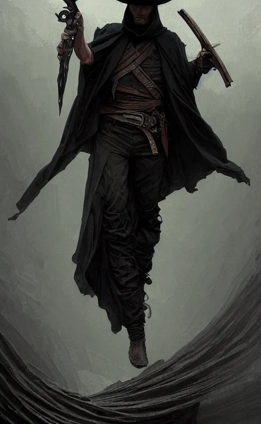 Prompt: Thin roguish cowboy man wearing a black cloak made of very thousands of thin strips of cloth that decay into mist. Holding a revolver. fantasy, highly detailed, digital painting, artstation, concept art, smooth, sharp focus, illustration, art by artgerm and greg rutkowski and alphonse mucha