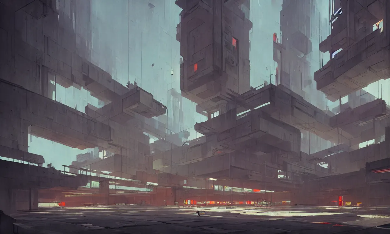 Image similar to brutalist architecture by le corbusier, colorful neon lighting, greg rutkowski, syd mead, concept art, matte painting, highly detailed, rule of thirds, dynamic lighting, cinematic, detailed, denoised, centered