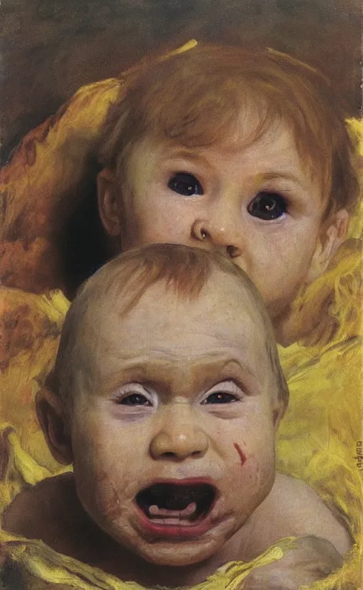 Image similar to baby with a adult face of Putin eating used up diapers covered in brown substance, Putin face of fear, ugly body painted by Lucian Freud, Ilya Repin