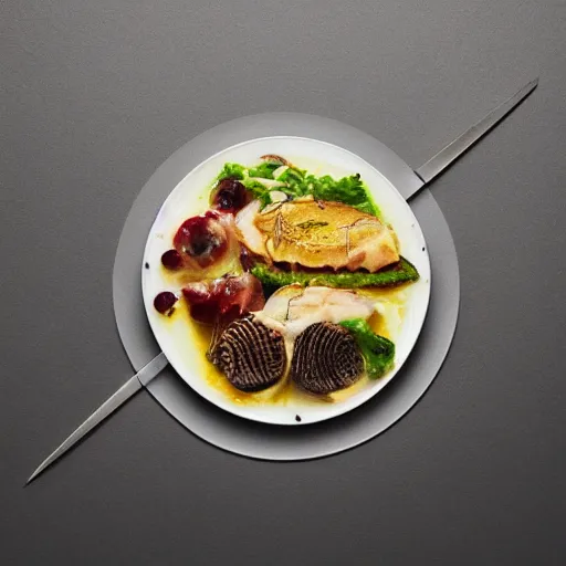 Prompt: a meal of strange and disgusting, but also futuristic designer food, food photography