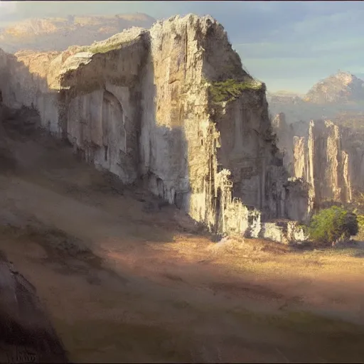 Image similar to concept art by craig mullins : an italian landscape in bright daylight. soft rolling hills in the foreground. in the distance a small mesa of white marble can be seen. a stone henge is standig atop of the cliff