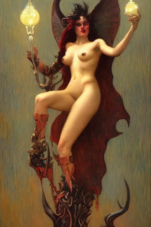 Prompt: Devil by Gaston Bussière in the style of Tom Bagshaw, art nouveau