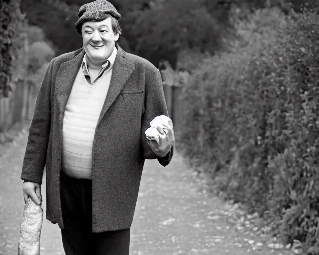 Prompt: stephen fry dressed like a stereotypical frenchman wearing a beret and holding a baguette, 8 5 mm f / 2. 4, photograph