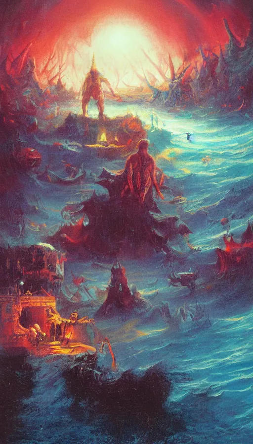 Image similar to man on boat crossing a body of water in hell with creatures in the water, sea of souls, by paul lehr,