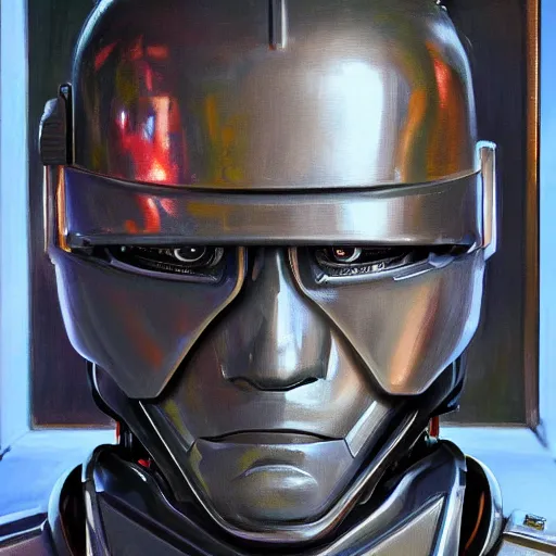 Image similar to joe biden as robocop, realistic oil painting, style of norman rockwell, 8 k, super sharp, ultra detail, rule of thirds,