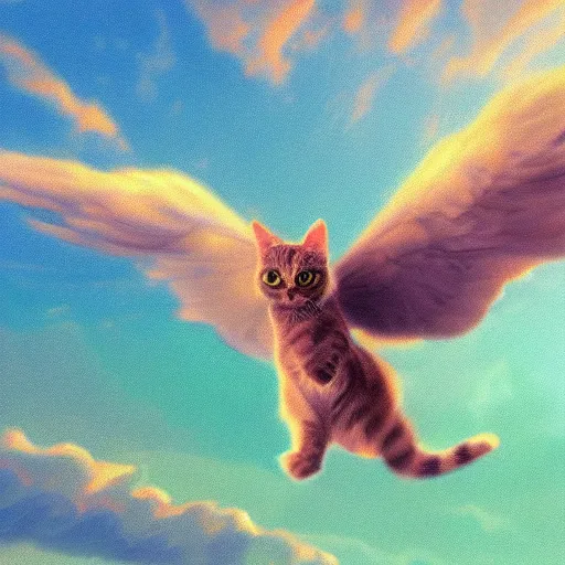 Image similar to a photograph of cute cat with wings flying towards the sunset, highly detailed, symmetric, artstation, precise, photorealistic, impressionism style