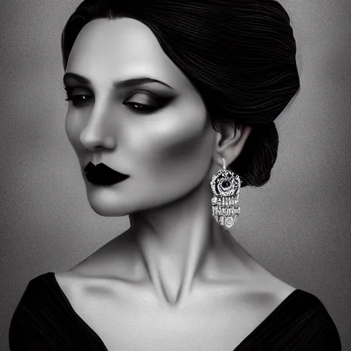 Prompt: digital art painting portrait of elegant gothic lady with earrings, black and white, block colours, hard edges, high quality, textured, by caestrad, cell shading, dark background, mystic, goddess, perfect lighting, high contrast, arstation, artgerm, wlop, 4 k