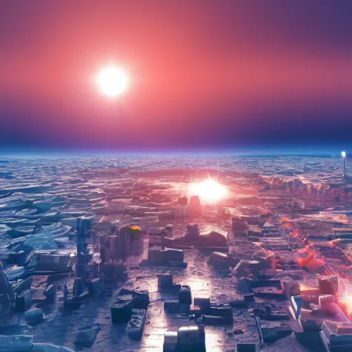 Prompt: gigantic city seen from spce with cinematic light, 8 k landscape render, space japan mech in the space, ice planet, sunset, sunrays