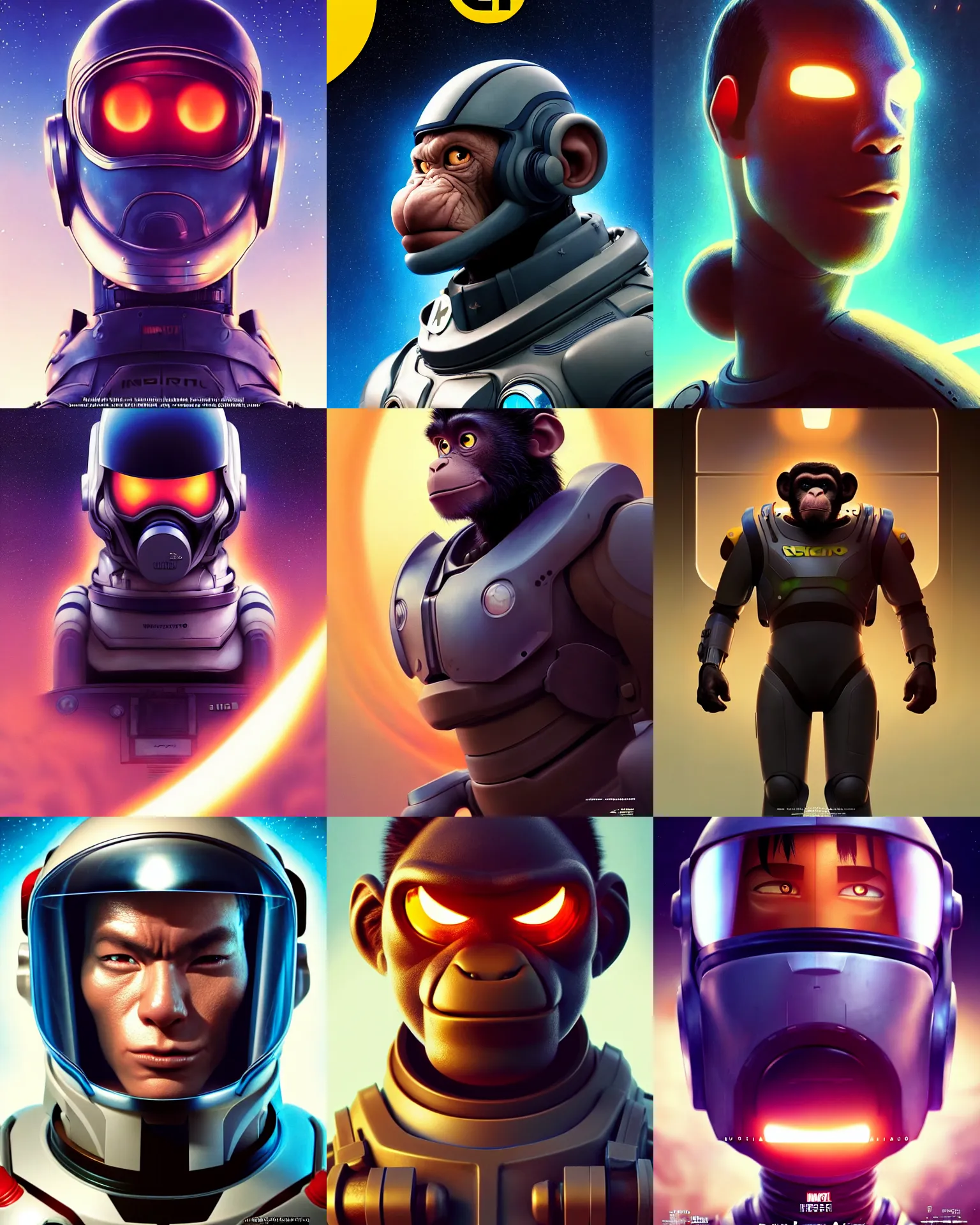 Prompt: sci - fi pixar anime movie poster portrait photo of a tough handsome young chimp in a far - future spacesuit by weta, marvel : : by greg rutkowski, wlop, ilya kuvshinov, rossdraws, rave makeup, unreal engine, heavy brow, pearlescent, morning, artstation, gq cover : :