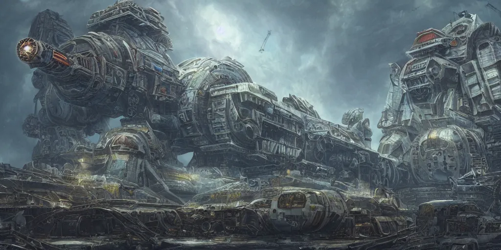 Image similar to A beautiful highly detailed matte painting of a huge derelict cargo starship, Space Hulk, WarHammer 40k by Jose Daniel Cabrera Pena and Leonid Kozienko, concept art H 1024