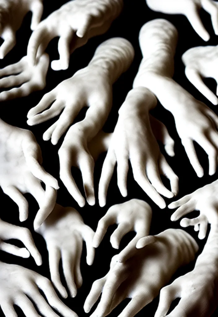 Image similar to a stack of hands carved from marble, little black circles