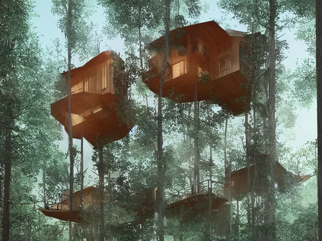 Prompt: “A mid-century stahl tree house by Pierre Koenig, trending on artstation, octane render, cgsociety, digital art”