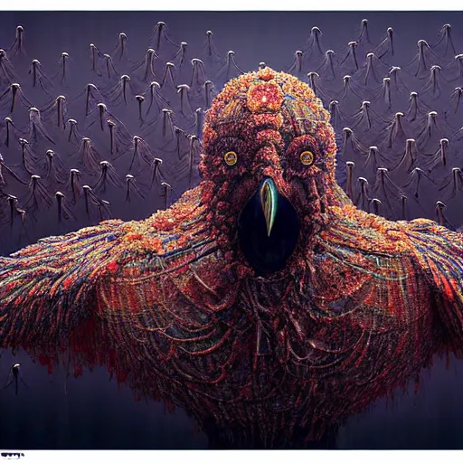 Image similar to horrifying mutant bird made of electricity fused with thousands of birds, thousand heads, mutilated, horror, blood, heavy damage, post apocalyptic, dystopian surrealism, patchwork of colours, zdzisław beksinski, sad atmosphere, volumetric light, style giger, alex ries, symmetry accurate features, symmetry accurate features, very intricate details, high resolution, intricate