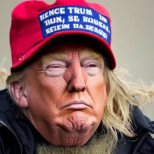 Image similar to donald trump dresses as a homeless man asking for money on the streets, detailed face