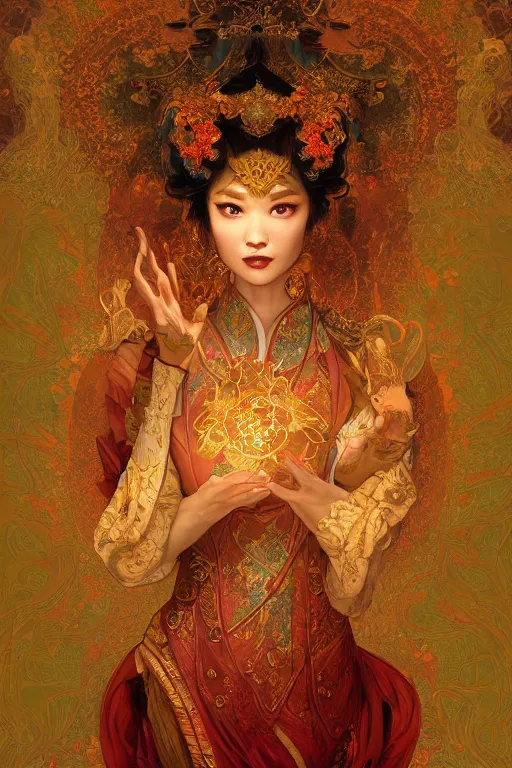 Image similar to tarot card artstation, portrait of an asian love dancer, sunrise, baroque ornamnet and rococo ornament, ancient chinese ornate, hyperdetailed, beautiful lighting, craig mullins, mucha, klimt, yoshitaka amano, red and gold and orange color palatte