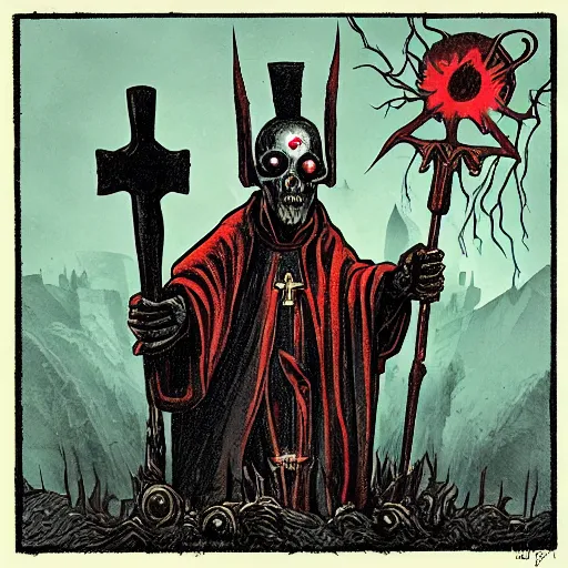 Image similar to metal album cover, a zombie bishop is standing on a hill and shoots lightning from his staff