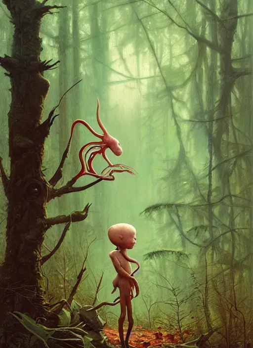 Image similar to cute alien in the woods by a river gorgeous lighting, lush forest foliage blue sky a hyper realistic painting by chiara bautista and beksinski and norman rockwell and greg rutkowski, tom bagshaw weta studio, and lucasfilm