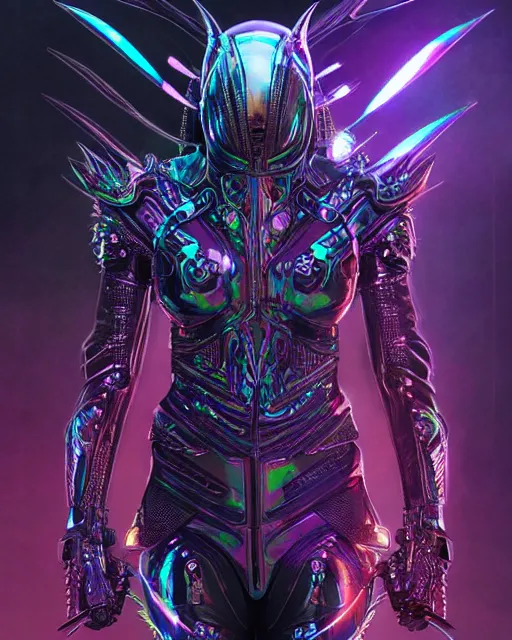 Prompt: the omnipotent assassin, vivid award winning digital artwork, intricate black sharp iridescent hooded semi - cybernetic athletic armor, beautiful iridescent colors, technology, long spikes, glowing face, detailed realistic, specular colors, ornate colored gems, character art by greg rutkowski and wlop and artgerm