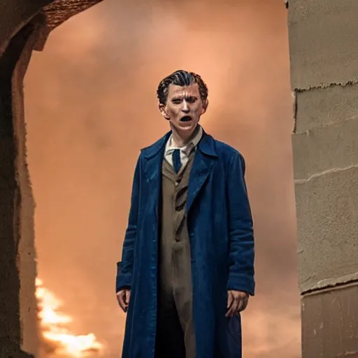 Image similar to tom holland as a rough dirty old man with a scruffy beard in a dark blue trenchcoat as the new doctor who, cinematic, volumetric lighting, f 8 aperture, cinematic eastman 5 3 8 4 film, photorealistic