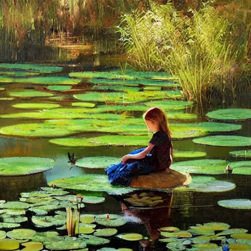 Image similar to Painting. a young girl is sitting on the edge of a pond, with her feet in the water. She is looking at a frog that is sitting on a lily pad in the pond. pine green by Wadim Kashin, by Bruce Munro earthy