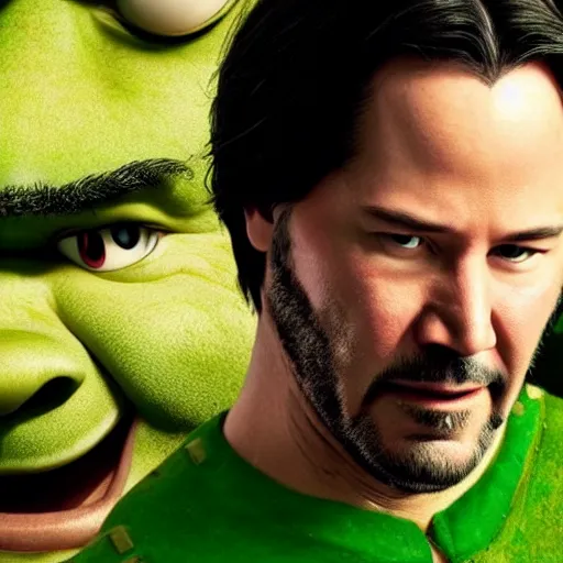 Image similar to keanu reeves staring as shrek, ultra realistic, movie poster, heroic