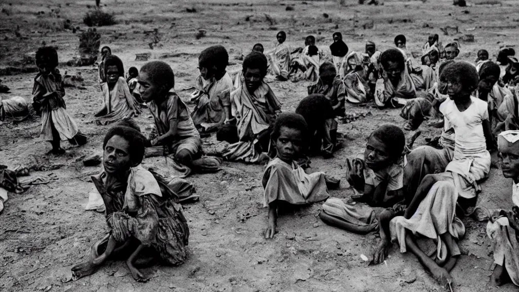 Prompt: 1 9 8 4 ethiopian famine and drought, dark, moody, a news report by bbc, 8 k