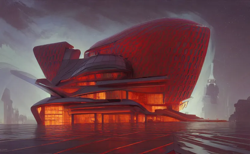 Image similar to exterior shot of utopian architecture red building with cinematic lighting by zaha hadid and renzo piano, darek zabrocki and greg ruthkowski, alphonse mucha, simon stalenhag, cinematic, stars, beautiful, holy place, paradise, scifi, futurism, atmospheric, concept art, artstation, trending on artstation