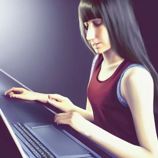 Image similar to realistic teenager using laptop in super tech room, artstation trends, concept art, highly detailed, intricate, sharp focus, digital art, 8 k