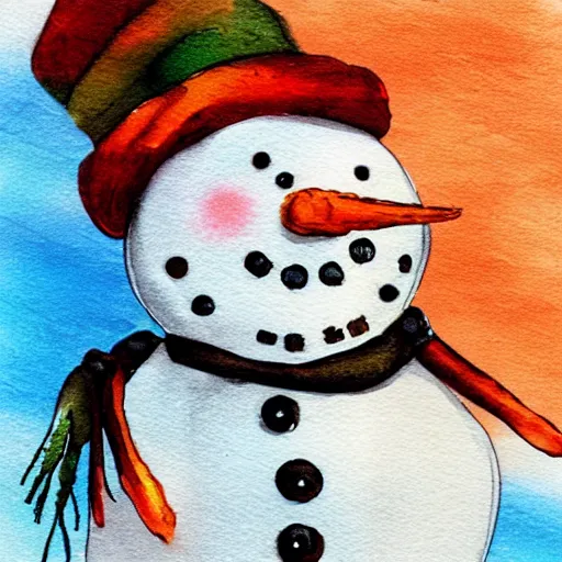 Image similar to snowman with carrot whimsical cute mixed media winter icon collage illustration in soft watercolor style, ice blue cold hues