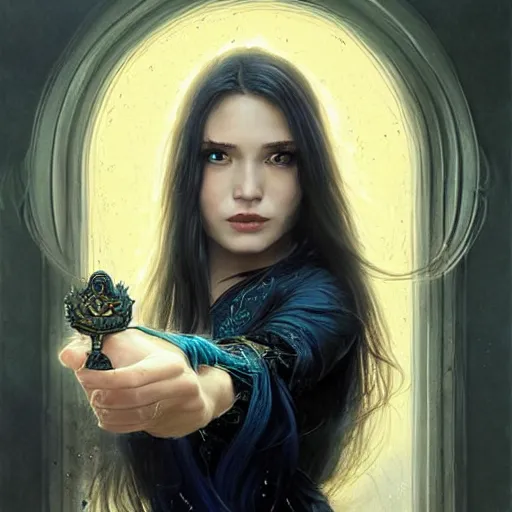 Prompt: action portrait of a young pretty female sorceress pointing a wand at the camera, casting a spell, wearing a flowing dress, arrogant, mysterious, long fine hair, delicate, slightly awkward smile!, realistic face, intricate, stylish, elegant, grimdark fantasy, vibrant, extremely detailed painting by Greg Rutkowski and Steve Henderson and Harumi Hironaka